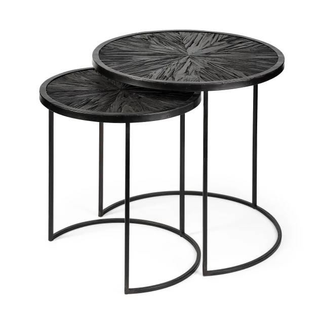 Round black iron frame accent table with artistic design