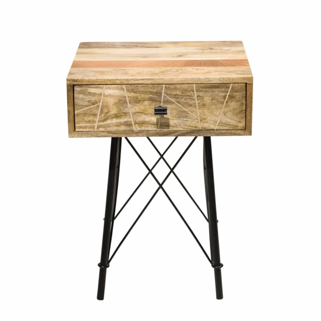 Natural tones mango wood nightstand with drawer and tableware on top