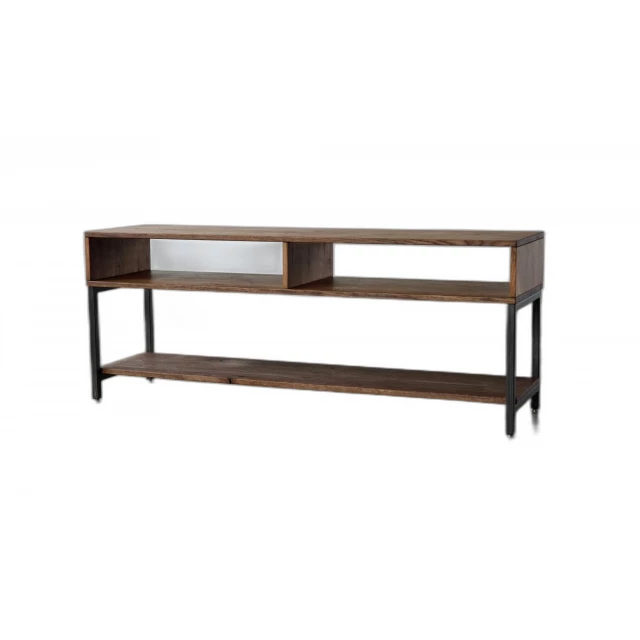 Brown wood open shelving TV stand with varnish finish and plank design