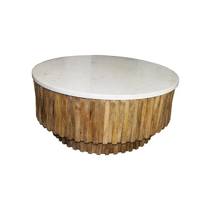 Round marble coffee table with wooden strips and natural materials
