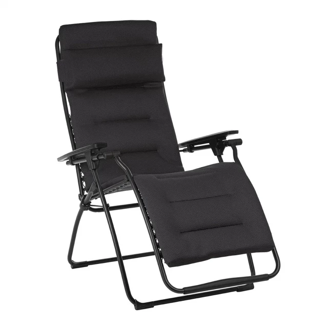 Black metal zero gravity chair for outdoor relaxation and comfort