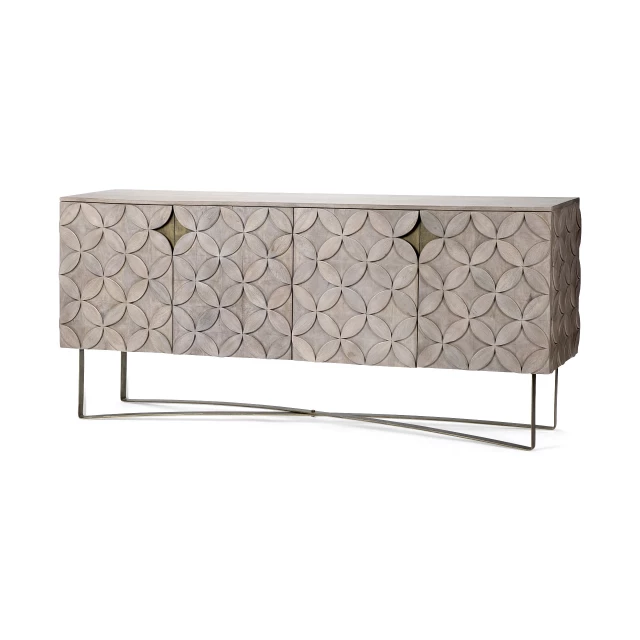 Mango wood finish sideboard cabinet with beige metal accents and pattern details
