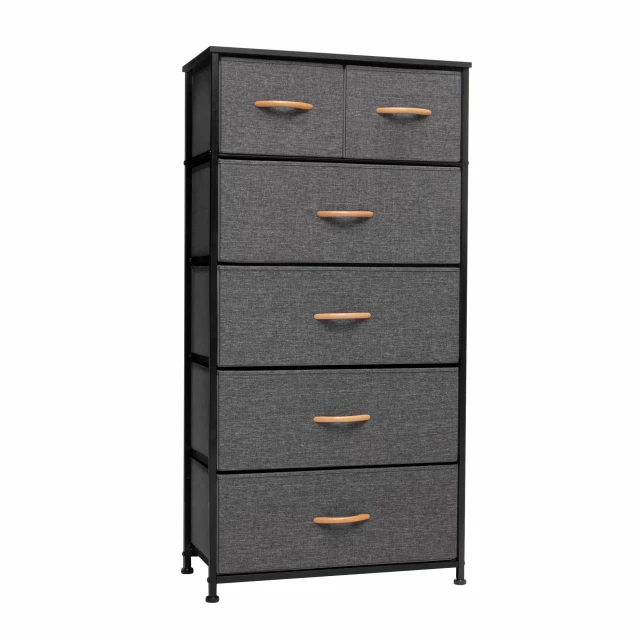 alt=Black steel fabric six drawer chest for bedroom storage
