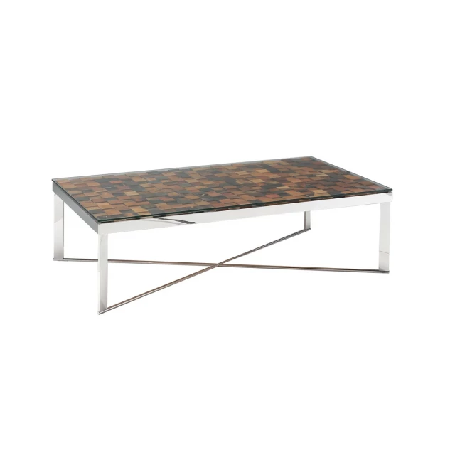 mosaic wood steel glass coffee table with rectangle shape and wood stain finish in outdoor setting