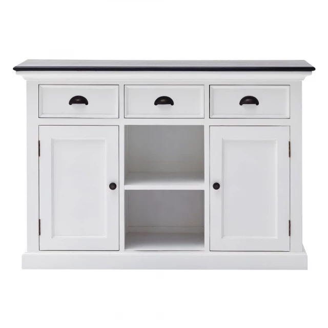 Farmhouse black white large accent cabinet with drawers and plant decoration