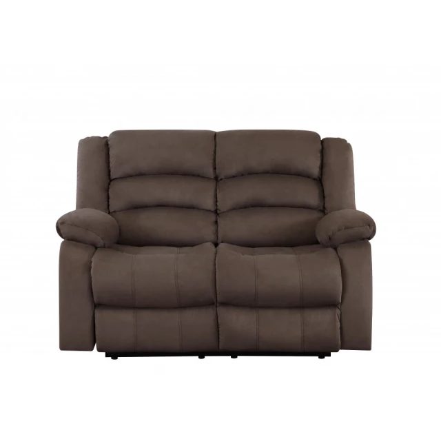 Brown microfiber manual reclining love seat with comfortable cushioning and wooden frame