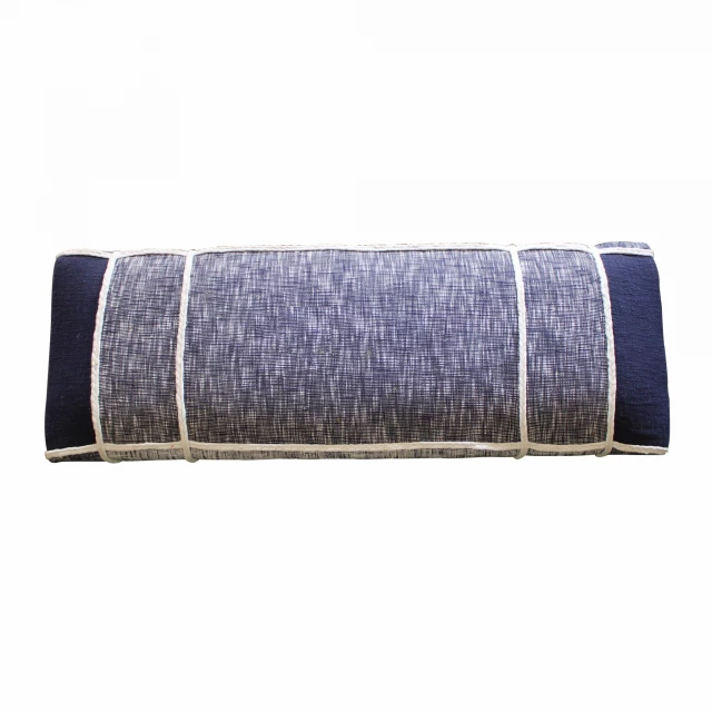 Gray textural upholstered bench with white legs and denim wool linens fashion accessory