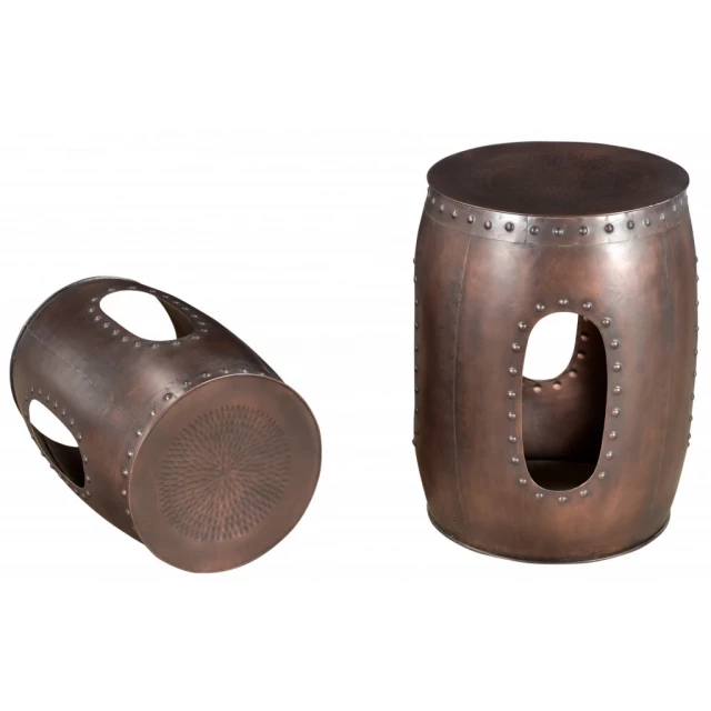 Copper iron round end tables with circle and cylinder design elements