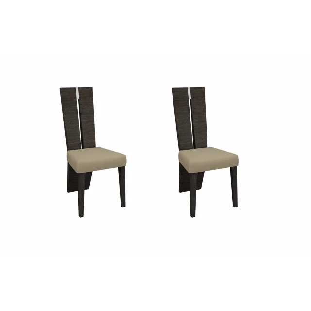 Dark brown upholstered dining side chairs with wood armrests and comfortable material