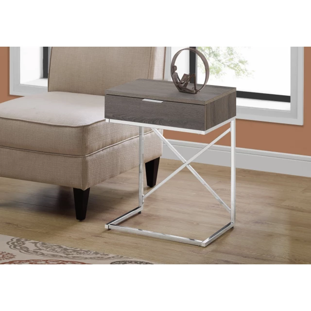 Solid manufactured wood end table with drawer on hardwood flooring