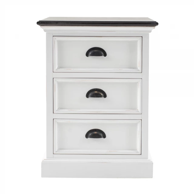 Distressed white and deep brown nightstand with drawers and natural pattern details