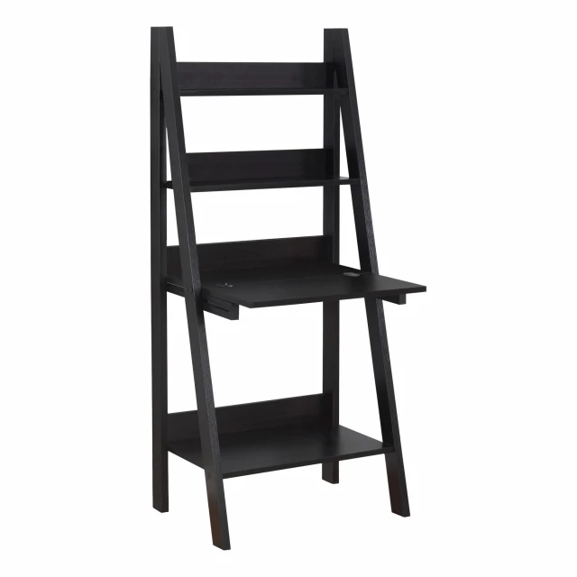 espresso ladder desk with wooden shelves and comfortable chair
