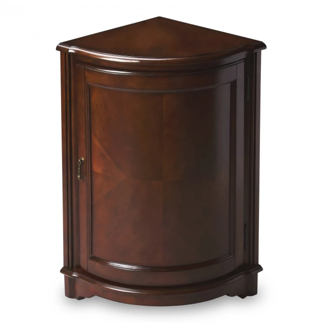 Dark brown standard accent cabinet with metal handles and wood stain finish