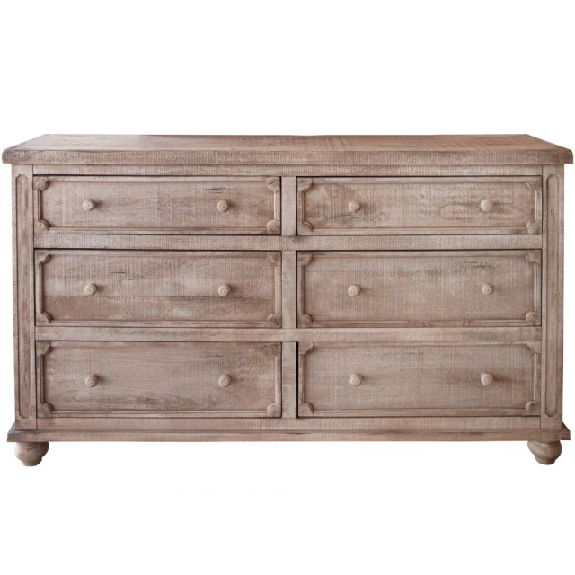 Solid wood six drawer double dresser in natural finish for bedroom storage