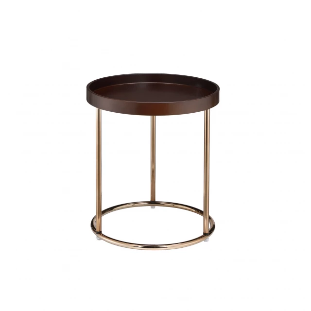 Solid wood metal round end table with hand stool and drinkware on top