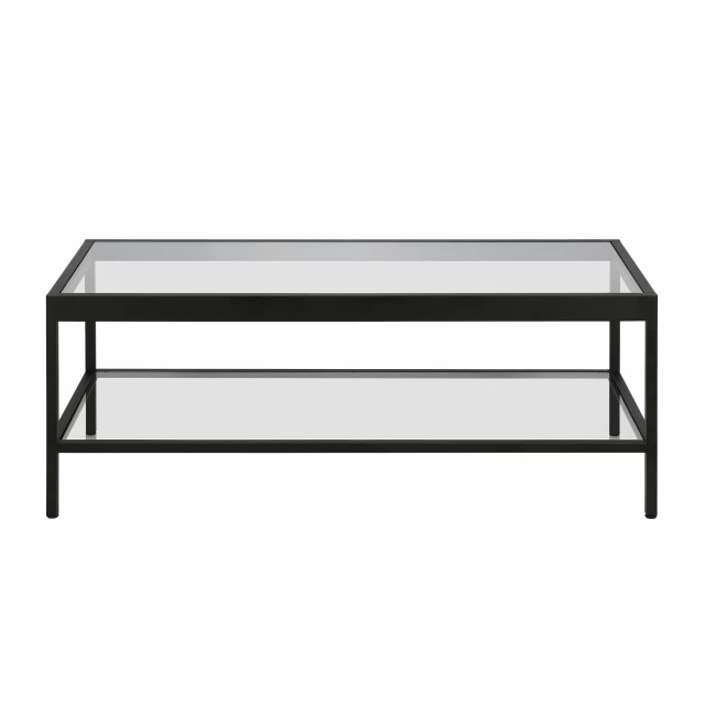 Black glass steel coffee table with lower shelf and hardwood elements