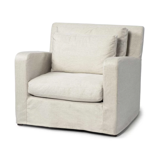 Cream brown fabric arm chair with comfortable armrests and natural composite materials