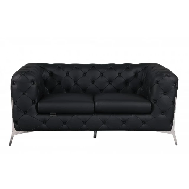 Black silver Italian leather loveseat with comfortable rectangle studio couch design suitable for outdoor use