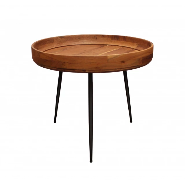 Solid wood iron round end table with hardwood pattern and outdoor furniture design elements