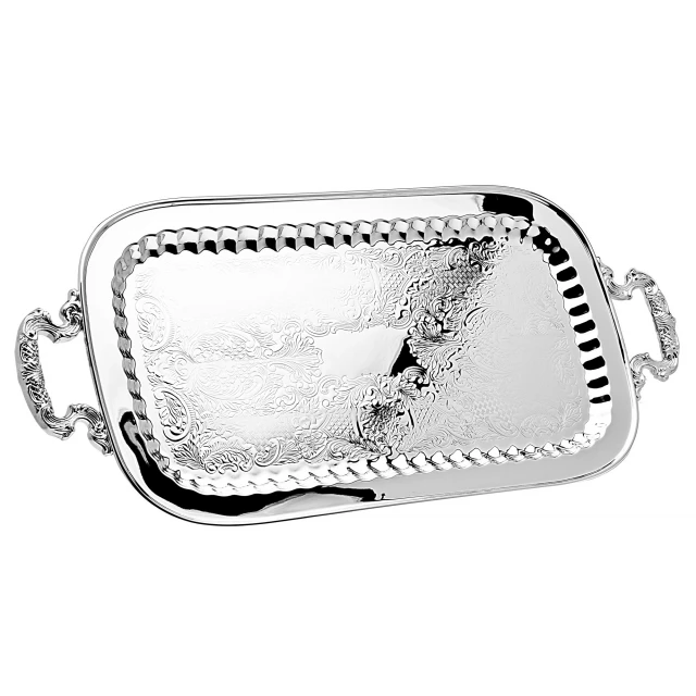 silver metal serving tray with handles
