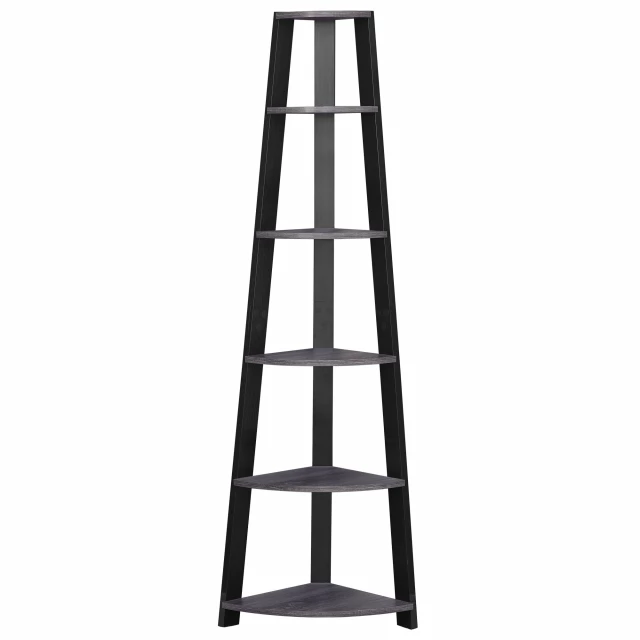 grey wood corner bookcase with parallel shelves and ladder-style design