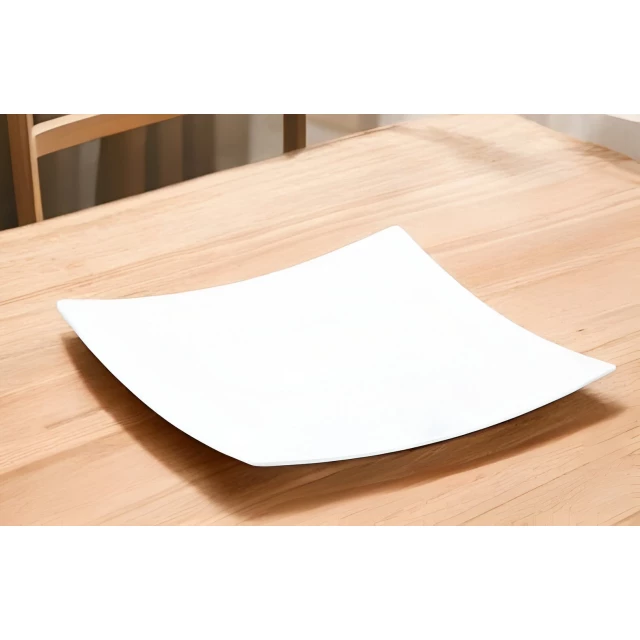 white square bone china platter on a wooden table