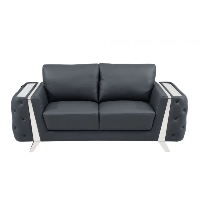 dark gray silver genuine leather loveseat with comfortable armrests and wood accents