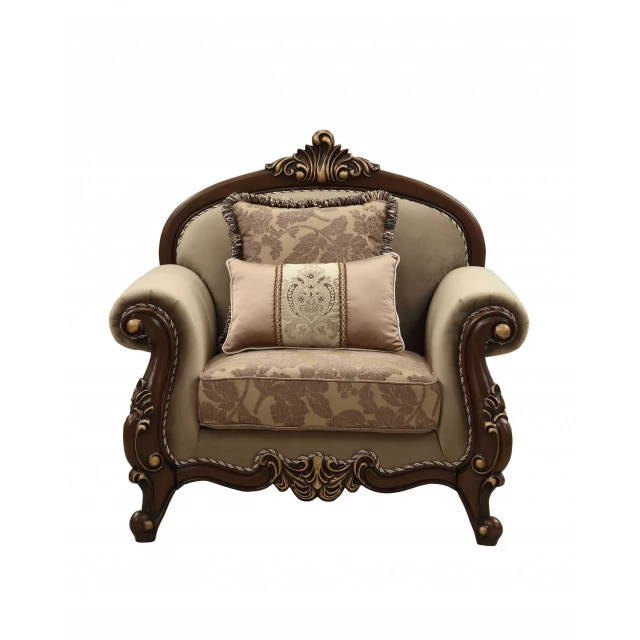 Beige brown velvet floral club chair with wooden armrests and comfortable rectangle design