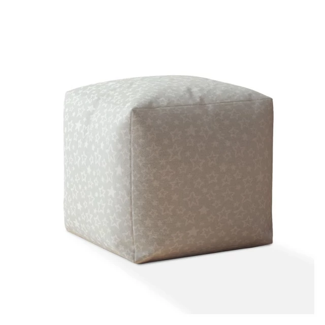 Gray cotton abstract pouf ottoman in a minimalist style with wooden texture accents