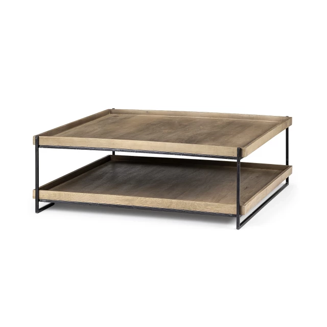 Natural black rectangular coffee table with shelf and hardwood finish