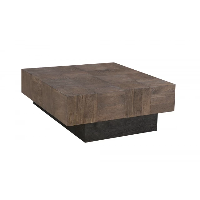 Black solid wood square coffee table with wood stain finish and brick flooring background