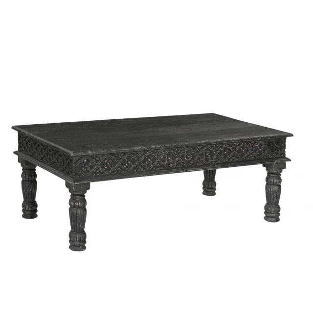 Black solid wood distressed coffee table with hardwood finish and wood stain