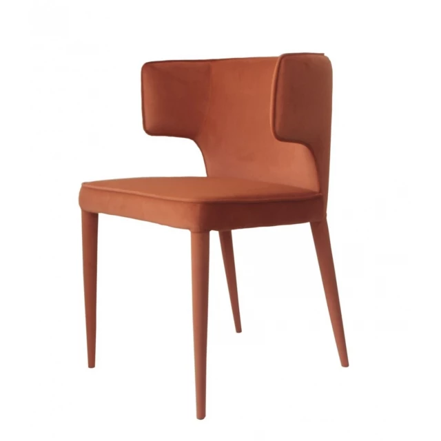 orange velvet wrapped dining chair with wood legs in a comfortable design