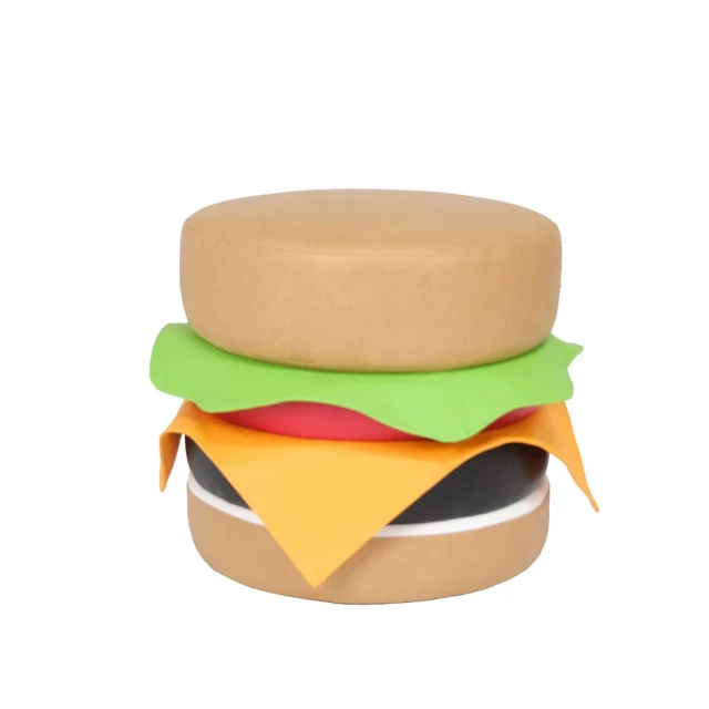 Brown faux leather cheeseburger novelty ottoman resembling food-themed furniture