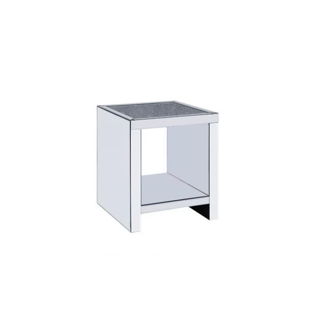 Glass mirrored square end table with metal frame and shelf