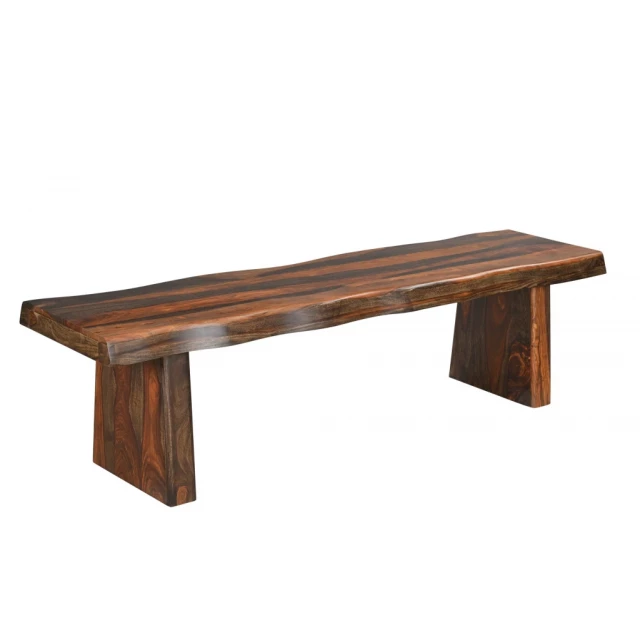 Dark brown solid wood dining bench with plank design suitable for outdoor use