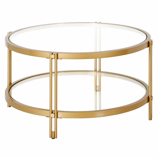 Round glass and steel coffee table with lower shelf and modern furniture design