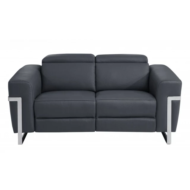 Silver Italian leather power reclining loveseat with comfortable studio couch design