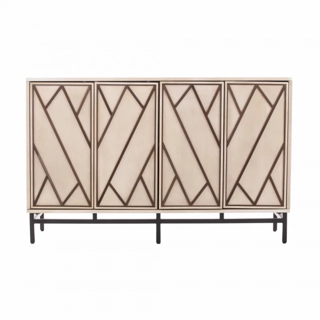 Champagne deco buffet storage cabinet with wood shelving and triangle details