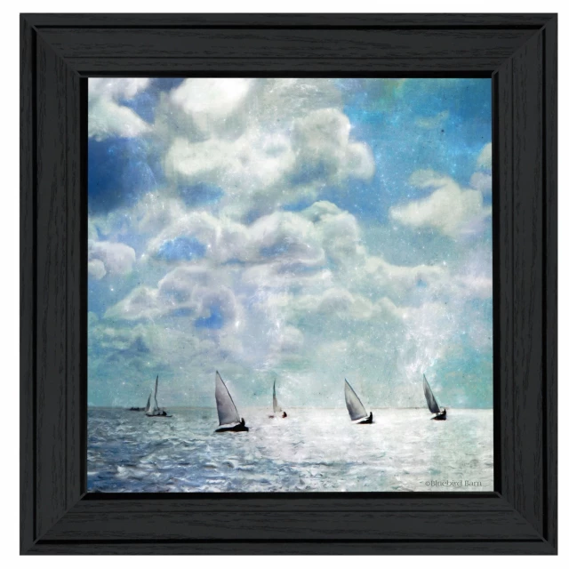 Black framed print of a serene waterscape with clouds and boat on water