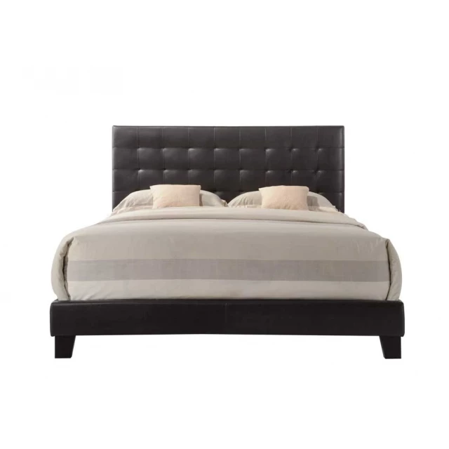 Tufted espresso upholstered faux leather bed in modern bedroom setting