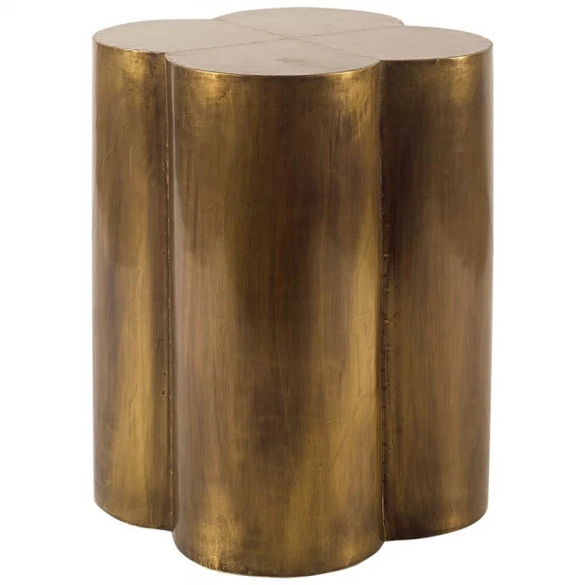 Brass clad wooden accent table with floral design and cylindrical legs in a furniture setting