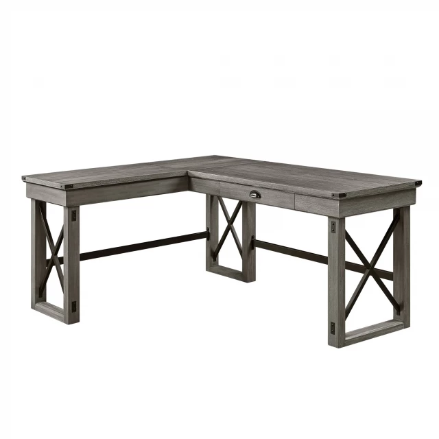 gray l shape writing desk with wooden finish and rectangular design