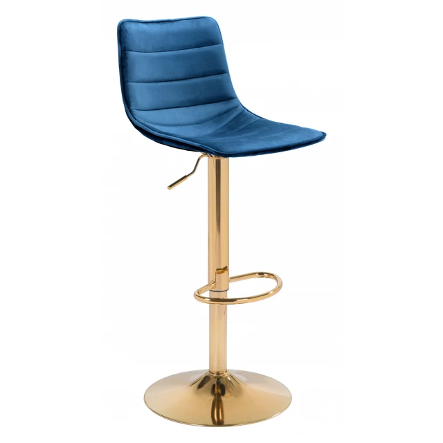 Low back counter height bar chair in white and blue with light lamp and material property accents
