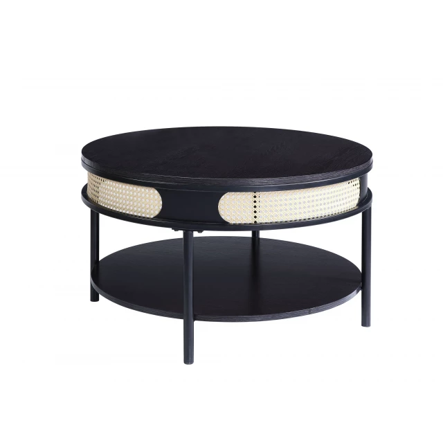 Melamine veneer round coffee table with shelf in artful metal and wood design
