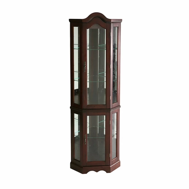 Mahogany scallop lighted corner curio cabinet with shelving and wood stain finish