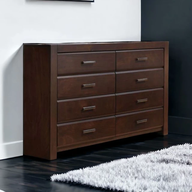 Walnut eight drawer double dresser in a clean and elegant design