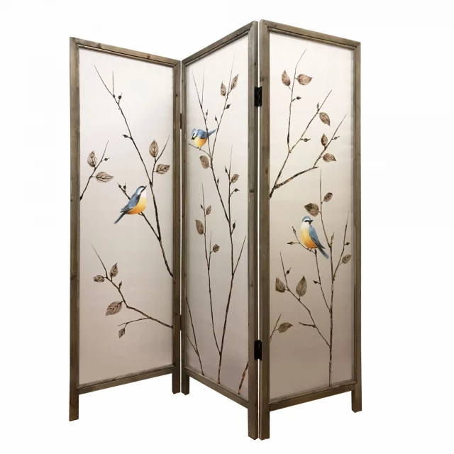 Brown fabric wood panel screen with plant and flower design for room decoration