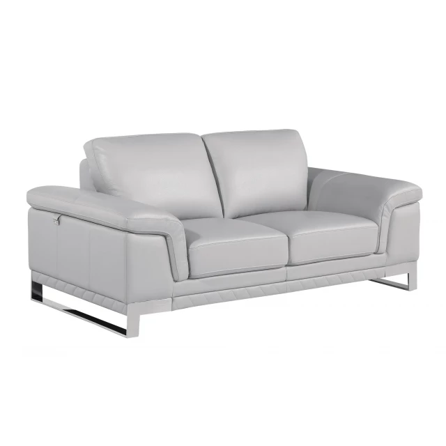 Gray silver genuine leather love seat with comfortable rectangle design