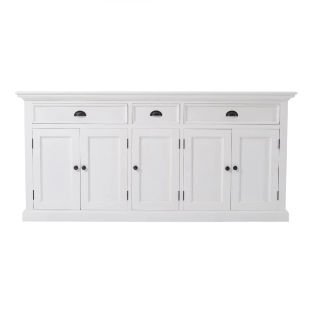 Modern farm white buffet server with cabinetry handles and drawers